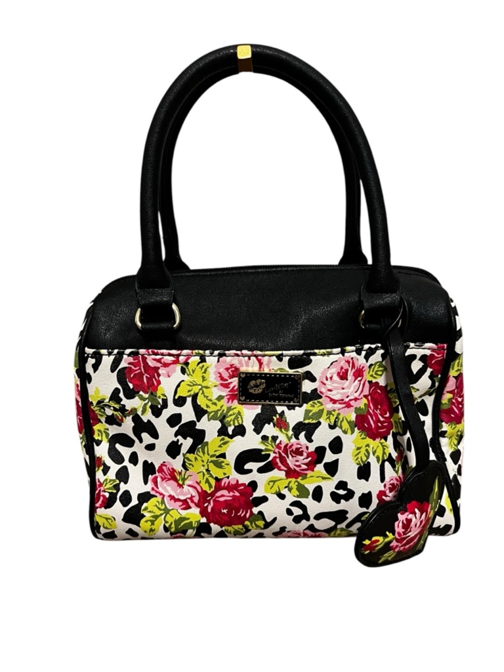 Betsey Johnson Black Trim Floral Satchel with Pink & Red Roses